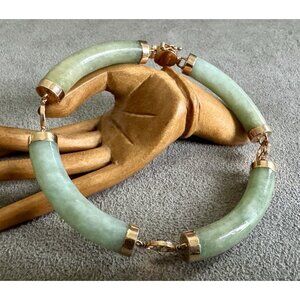 Vtg 14K GOLD Frosty GREEN JADE LINK BRACELET  6.75" Chinese Characters 21.05g